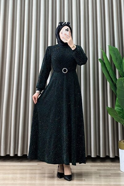 mercan moda YILDIZ ABİYE Simli ve Taşlı Kumaş Kadın Zümrüt Kemer Detaylı Düğü...