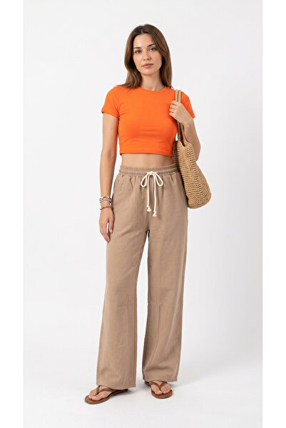 BETES Women's Beige Palazzo Muslin Linen Trousers with Pockets