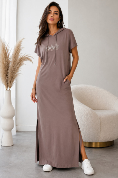 Diva Exclusive Fashion Rochie maxi casual cu glugă, taupe, mărime M-L,bumbac