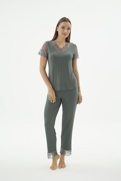 Sevim Women's Short Sleeve Lace Detailed V-Neck Camisole Dark Green Pajama Se...