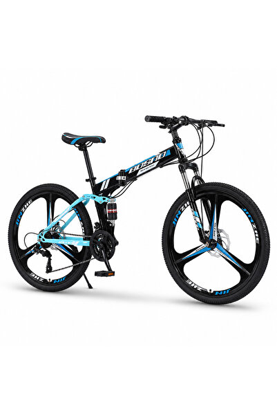 Yiay Portable Folding Mountain Bike, Blue & Black Outdoor Bicycle with Dual S...