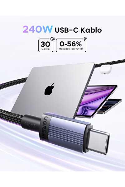 Ugreen USB-C 240W PD Hızlı Şarj Kablosu, 3 Metre, Siyah, 65909