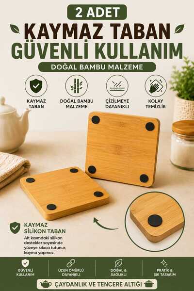 Herza House 2 Adet Ahşap Bambu Kare Nihale, Çaydanlık Altı Sıcak Tencere için Ahşap Altlık