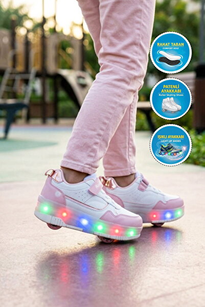 WALKWAY Pudra-Beyaz Cırtlı Ortopedik Işıklı Kız Çocuk Patenli Spor Ayakkabı G...