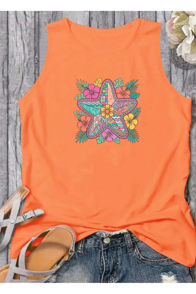 SUNFREE Tropical Sea Star Printed Sleeveless Crew Neck Women's Tshirt