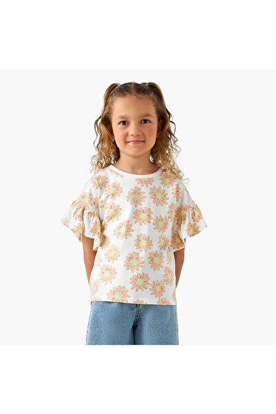 Juniors Crew Neck Short Sleeves T-shirt with Floral Print
