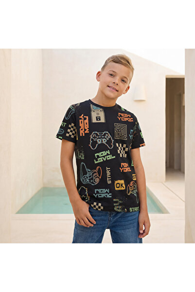 Juniors تي شيرت برقبة دائرية وأكمام قصيرة مع طباعة ألعاب