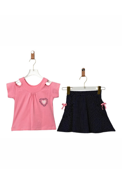 GENERAL Pink girl's skirt set with shoulder slit blouse and distinctive detai...