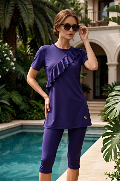 Haliç Mayo Front Ruffle Detailed Short Sleeve Lycra Semi-Closed Swimsuit 303 ...