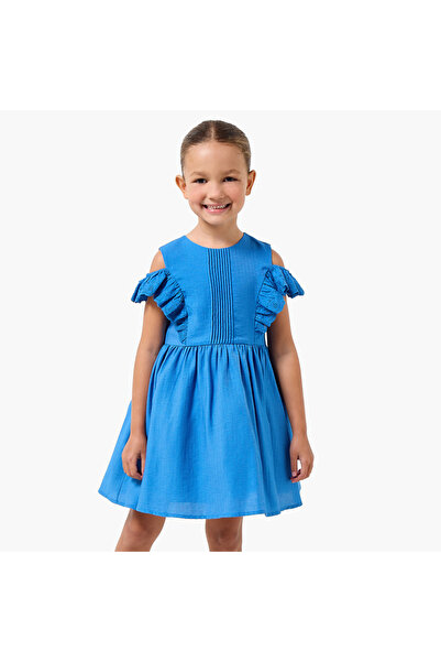 Juniors Round Neck Cold Shoulder Knee Length A-line Dress with Pleated Detail