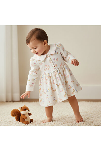 Juniors Scallop Collar Long Sleeve Dress with Animal Print