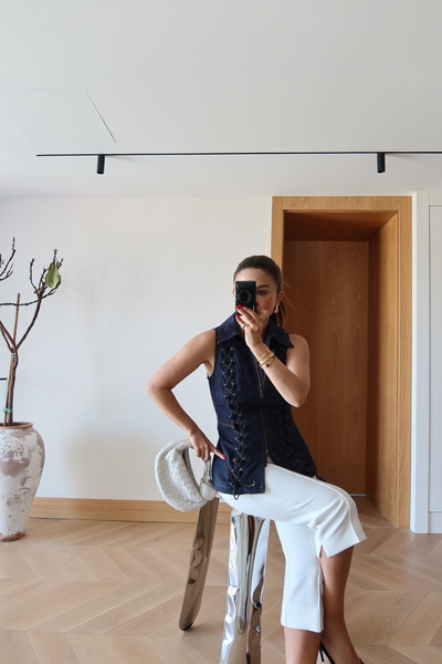 Özge Özgenç Corsage Denim Shirt