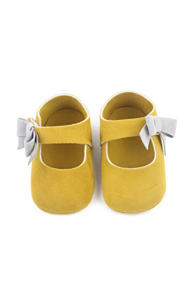 Bebelul Baby shoes, mustard yellow with grey bow