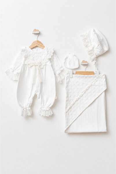 Pugi Baby Muslin Lace Detailed Baby Girl Jumpsuit Hat Blanket Set
