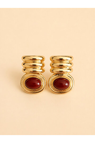 ZEYNORA JEWELLERY Women's Oval Stone Burgundy Gold Steel Design Earrings