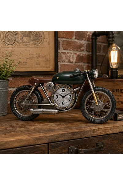 hediyeconcepti Dekoratif Motosiklet Saat – Vintage Yeşil Motor Tasarımlı Büyü...