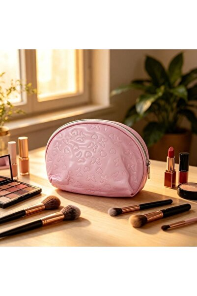 idei Geantă Cosmetică Semirotundă Tip Scoică din PU Roz Pastel cu Embosaj Ini...