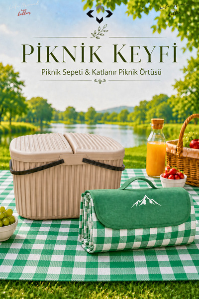 LİGROUND 30 Litre Renkli Büyük Kulplu Kapaklı Piknik Sepeti & Katlanabilir Pi...