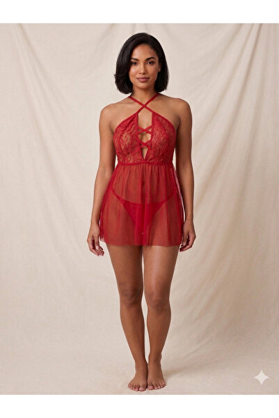 Kırmızı Dantel Halter Babydoll Seti