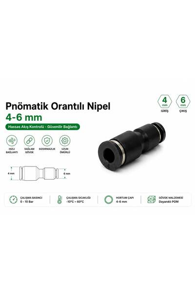 Universal 6-4mm Pnömatik Plastik Orantılı Nipe Redüksiyonl Hava Jakı