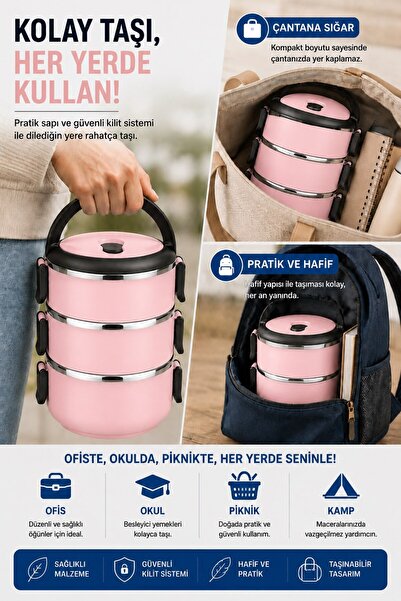 Sas Haus 3 Katlı Paslanmaz Çelik Yemek Kabı 1800 ML Sızdırmaz Kapaklı Taşınabilir Lunch Box