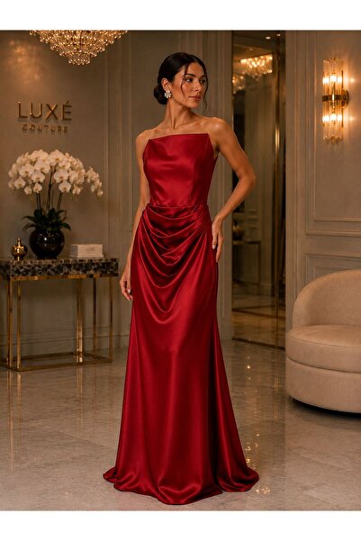 renk abiye Black Draped Satin Evening Dress 5339