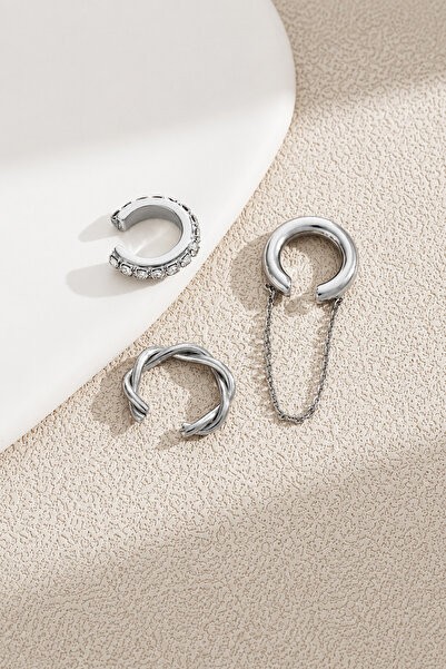 The Collection 3'lü Deliksiz Zirkon Taşlı Kadın Ear Cuff Kıkırdak Küpe Set