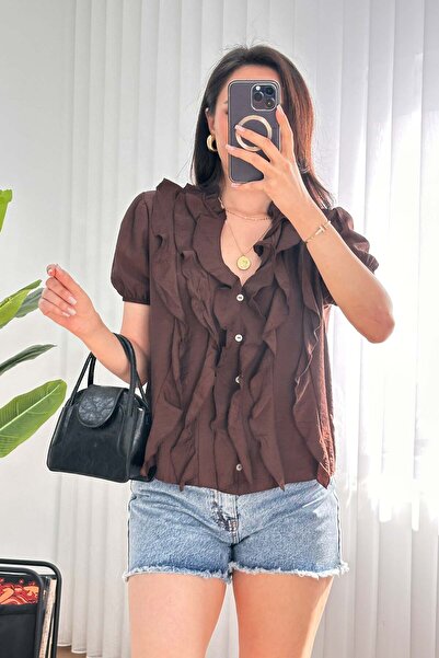 Hipo Trend Ruffle Detailed Short Sleeve Brown Blouse
