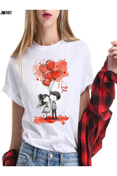 COZYWEAR Cute Couple and Heart Balloons Printed T-Shirt