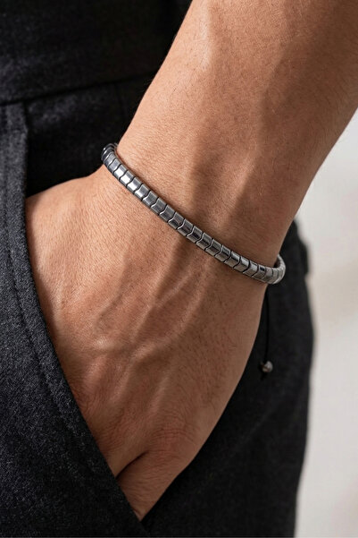 Elika Silver Hematite Stone Adjustable Drawstring Men's Bracelet