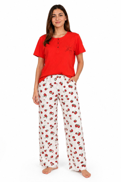 Tusebu Organic Cotton Red Top Strawberry Patterned Women's Pajama Set