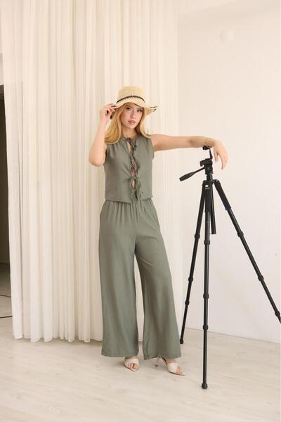 Mersella Relax Women's Tie-Detail Sleeveless Blouse Palazzo Pants Two-Piece Set