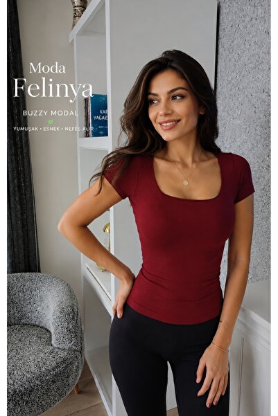 moda felinya بلوزة نسائية قصيرة الأكمام بياقة مربعة ولون أحمر داكن من قماش مو...