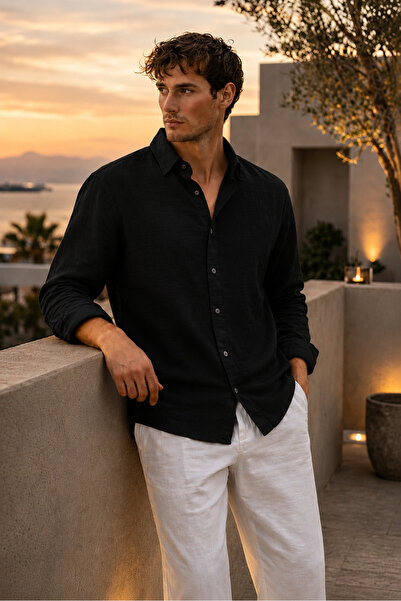 oneoff Breathable Half Oversize Muslin Fabric Long Sleeve Collared Men's Shirt