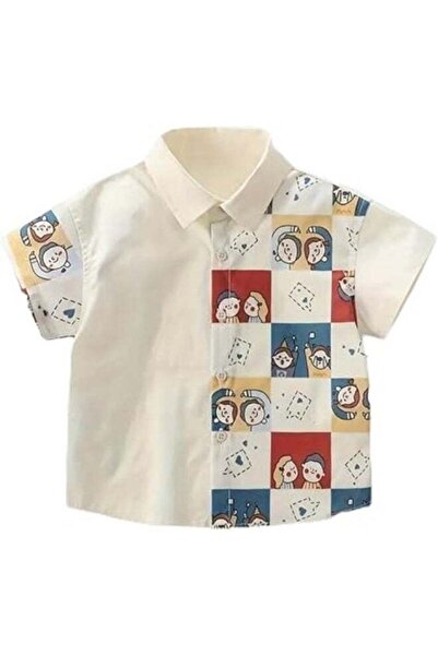 Generic Children's Cotton Button-Up Shirt, White with Kawaii Cat Patchwork, S...