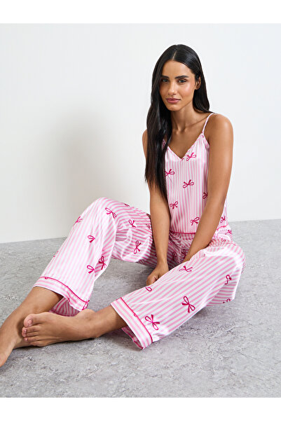 Take Two By Styli Pink Bow Striped Print Satin Cami and Pyjama Set
