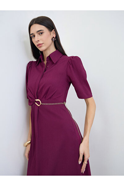 Styli Burgundy Puff Sleeve Shirt Maxi Dress with Chain Belt