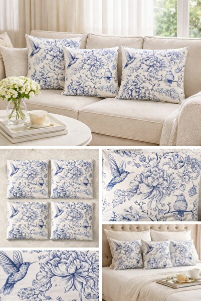 elissa home Set of 4 – 43X43 Bird and Flower Patterned Decorative Throw Pillo...