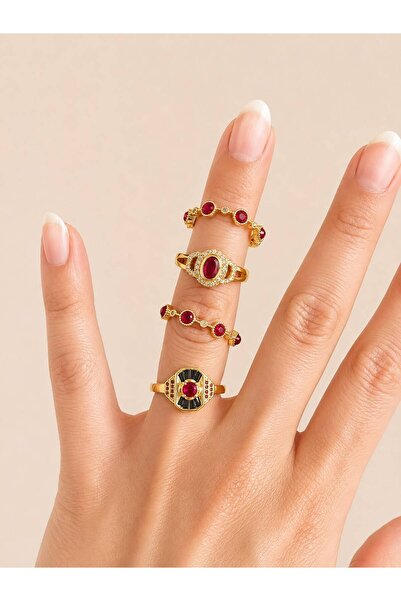 Hegi Collection Pinterest Model Bordo Taşlı Gold Yüzük Seti- ayarlanabilir