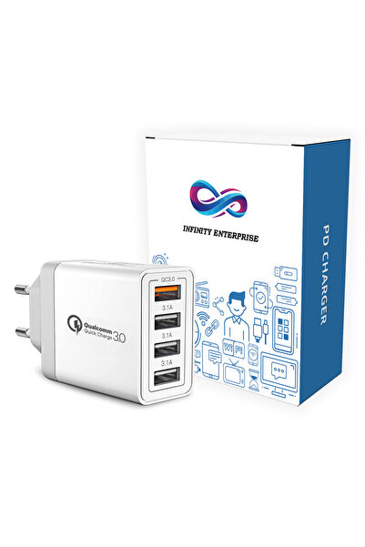Infinity Enterprise стенно зарядно, 4 USB порта, 33W бързо зареждане, бял