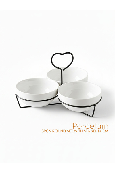 Shallow By Styli 3-Piece Round Porcelain Bowl Set with Metal Black Stand, 14cm