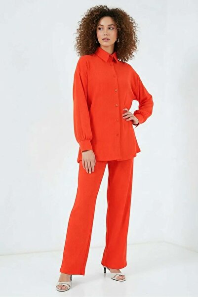 ALFA AKSESUAR 03 Women's Shirt Collar Buttoned Orange Hijab Double Set