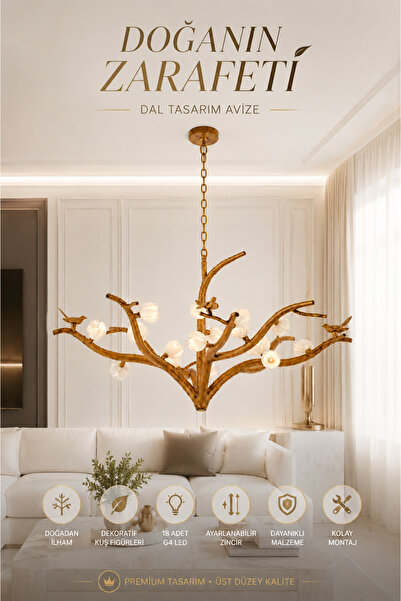Elvora Home Modern (PREMİUM) Doğal Ahşap Dal Tasarımlı Avize – Kuş Figürlü De...