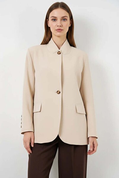 ALFA AKSESUAR 03 Women's Judge Collar Single Button Oversize Beige Jacket