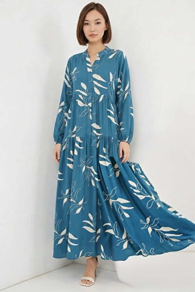 Generic Brand Women's V-Neck Gathered Waist Floral Patterned Viscose Petrol H...