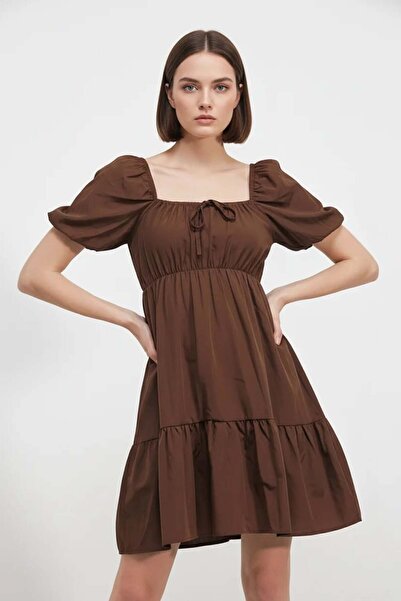 Generic Brand Women's Square Neck Gathered Waist Ruffled Hem Short Sleeve Cot...