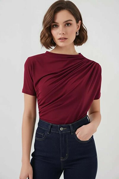 Generic Brand Women's Short Sleeve Gathered Detailed Burgundy Blouse
