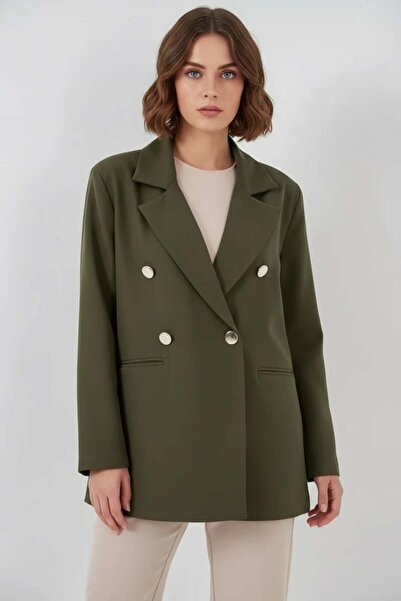 Generic Brand Women's Double-Breasted Collar Double-Button Khaki Jacket