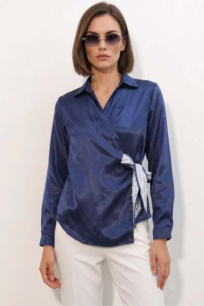 Generic Brand Women's Belted Double-Breasted Satin Navy Blue Shirt