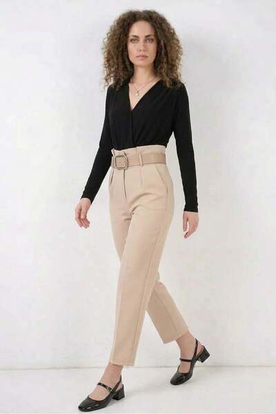 Generic Brand Women's High Waist Belted Cream Trousers